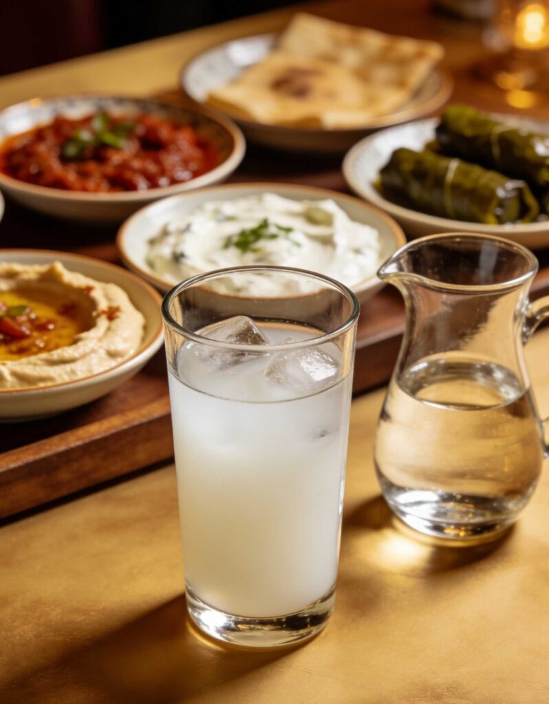 Rakı poured into a glass turning milky white, surrounded by traditional Turkish meze spread at KAPYA Restaurant in Shanghai