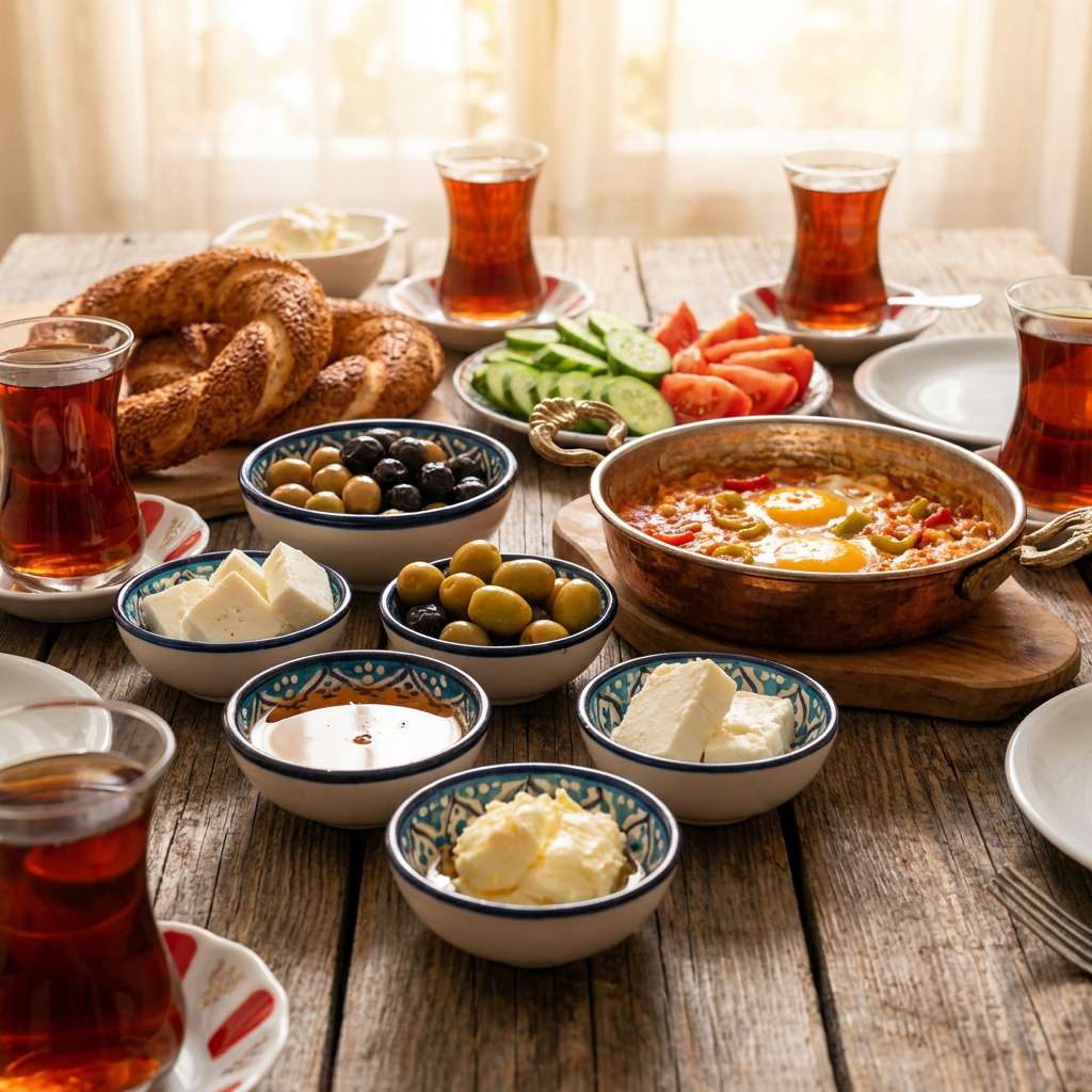 Traditional Turkish breakfast spread with olives, cheese, honey, menemen, simit bread, and Turkish tea