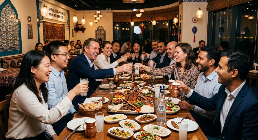 Corporate group dining at KAPYA Turkish Restaurant in Shanghai, sharing mixed kebab platter and meze in Mediterranean atmosphere
