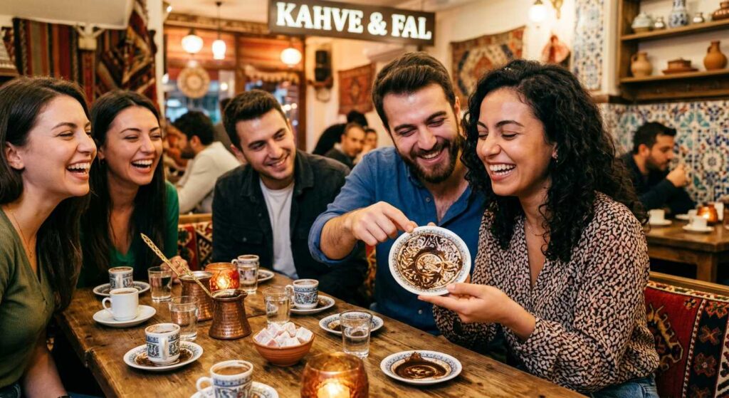Friends laughing and reading coffee grounds together at Turkish restaurant