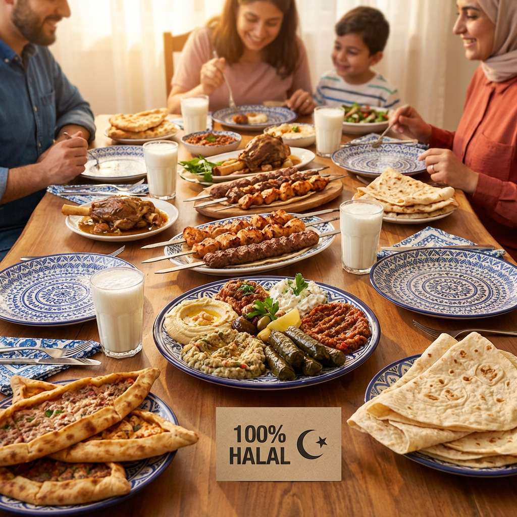 100% halal Turkish food spread at KAPYA restaurant in Shanghai – charcoal kebabs, lamb shank, meze, and ayran