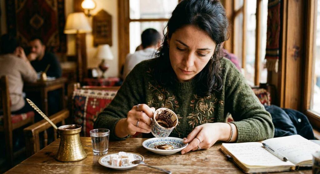 Person examining coffee grounds patterns for fortune telling