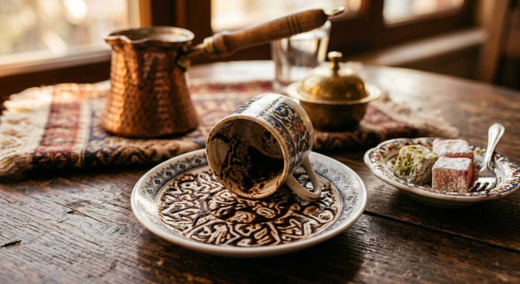 Turkish coffee cup turned upside down with coffee grounds forming shapes for fortune telling, with cezve and Turkish delight