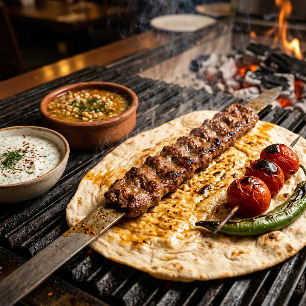 Authentic Adana kebab on flat skewer, charcoal-grilled, served with lavash bread, sumac yogurt, and barley stew at KAPYA Shanghai