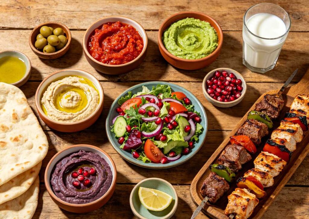 Healthy Turkish food spread with meze, grilled kebabs, fresh vegetables, olive oil, and ayran – part of the Mediterranean diet at KAPYA Shanghai