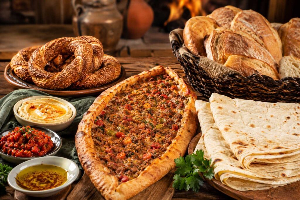 Assortment of traditional Turkish breads – pide, lavash, simit, and village bread – with olive oil and meze for dipping
