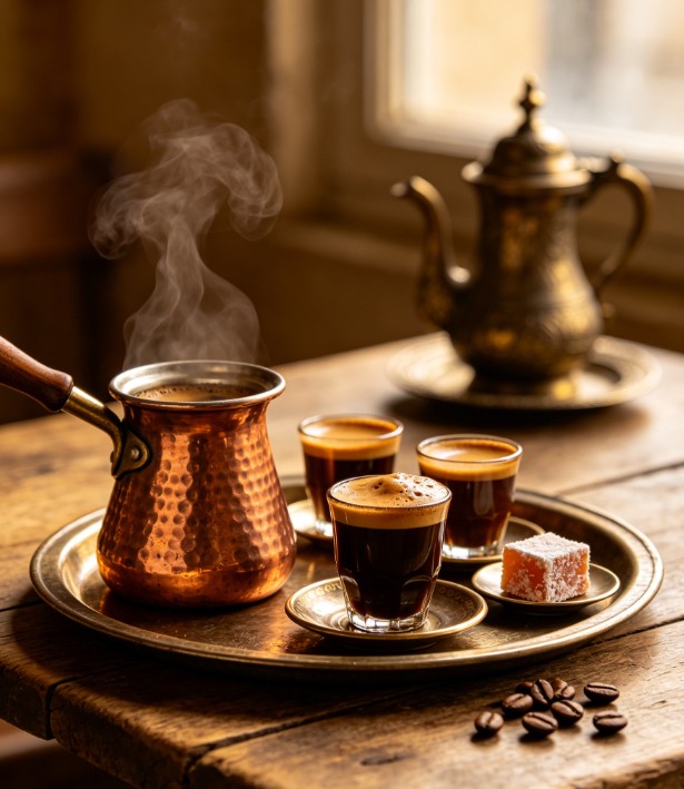 Traditional Turkish coffee served in small cups with foam, copper cezve pot, and Turkish delight – a UNESCO-recognized cultural tradition
