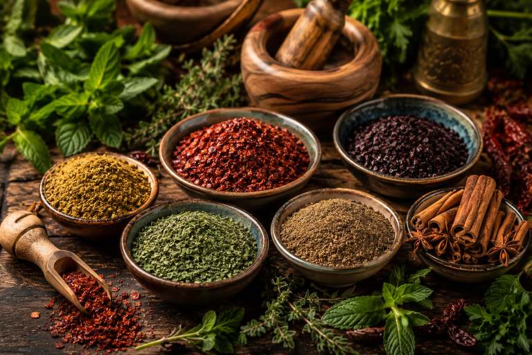 Colorful Turkish herbs and spices in ceramic bowls – sumac, pul biber, isot pepper, cumin, mint, and cinnamon – rich Anatolian culinary tradition